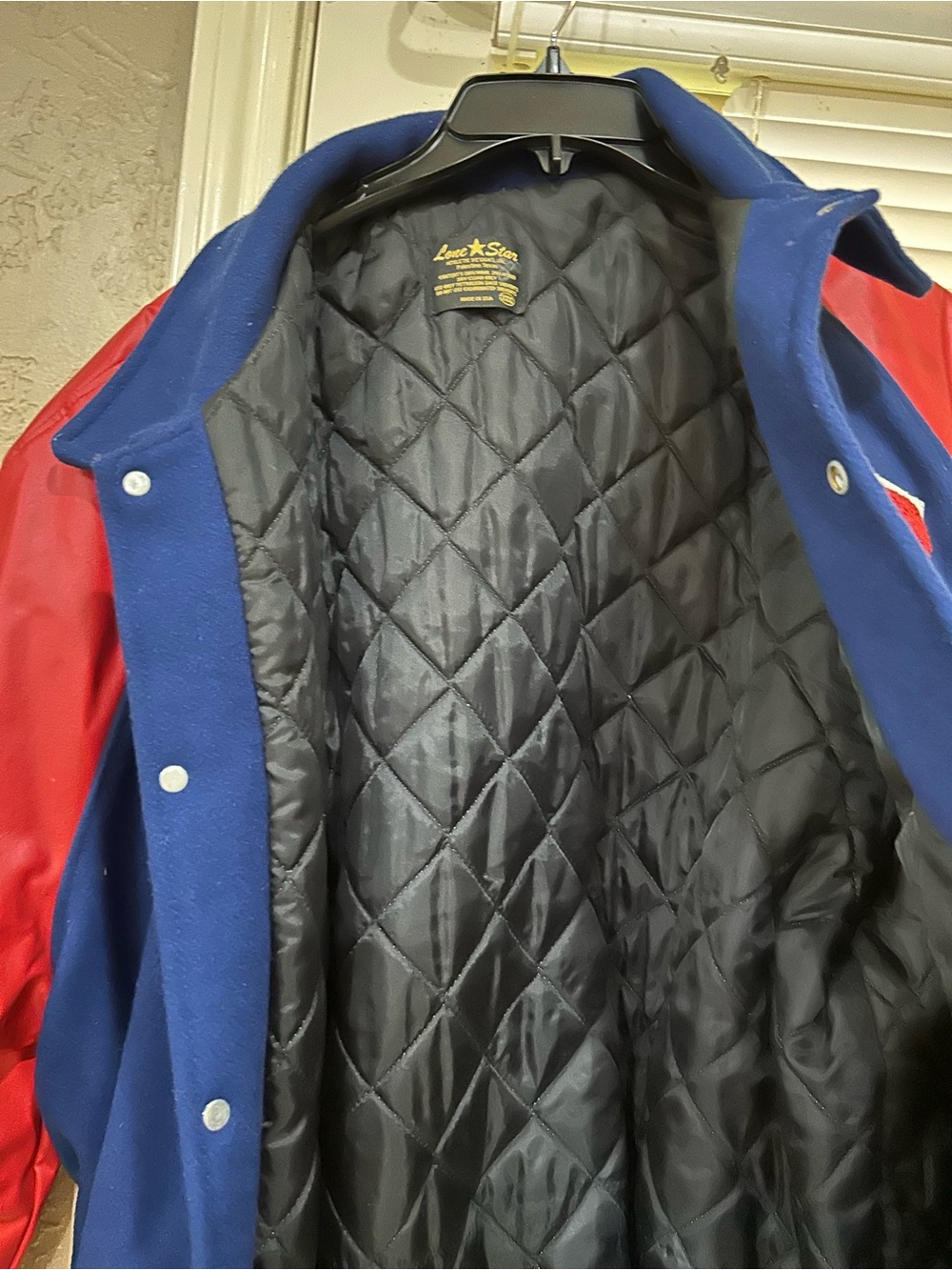 Men's Blue & Red Varsity Letterman Jacket with H Patch - Picture 7 of 8